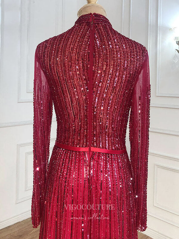 Prom Dress 2025 Beaded Long Sleeve Prom Dresses High Neck Evening Dresses 21204-unique elegant Prom Dresses-Burgundy-US2-vigocouture