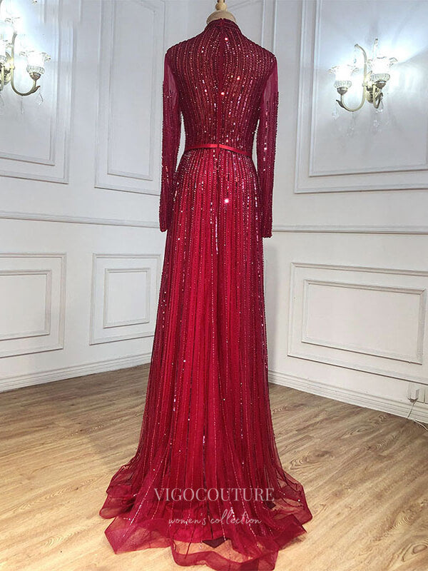 Prom Dress 2025 Beaded Long Sleeve Prom Dresses High Neck Evening Dresses 21204-unique elegant Prom Dresses-Burgundy-US2-vigocouture