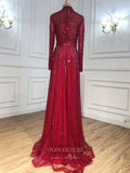 Prom Dress 2025 Beaded Long Sleeve Prom Dresses High Neck Evening Dresses 21204-unique elegant Prom Dresses-Burgundy-US2-vigocouture