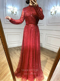 Prom Dress 2025 Beaded Long Sleeve Prom Dresses High Neck Evening Dresses 21204-unique elegant Prom Dresses-Burgundy-US2-vigocouture