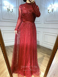 Prom Dress 2025 Beaded Long Sleeve Prom Dresses High Neck Evening Dresses 21204-unique elegant Prom Dresses-Burgundy-US2-vigocouture