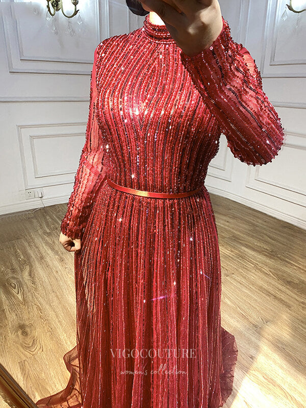 Prom Dress 2025 Beaded Long Sleeve Prom Dresses High Neck Evening Dresses 21204-unique elegant Prom Dresses-Burgundy-US2-vigocouture