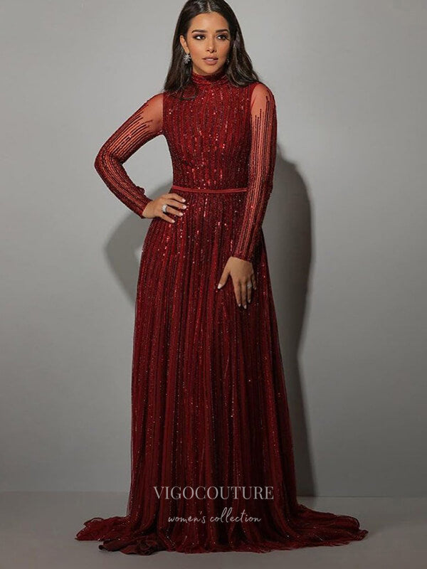 Prom Dress 2025 Beaded Long Sleeve Prom Dresses High Neck Evening Dresses 21204-unique elegant Prom Dresses-Burgundy-US2-vigocouture