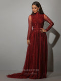 Prom Dress 2025 Beaded Long Sleeve Prom Dresses High Neck Evening Dresses 21204-unique elegant Prom Dresses-Burgundy-US2-vigocouture