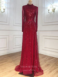 Prom Dress 2025 Beaded Long Sleeve Prom Dresses High Neck Evening Dresses 21204-unique elegant Prom Dresses-Burgundy-US2-vigocouture