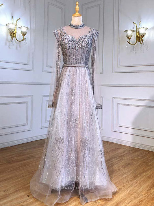 Prom Dress 2025 Beaded Long Sleeve Prom Dresses High Neck Evening Dresses 21206-unique elegant Prom Dresses-Silver-US2-vigocouture