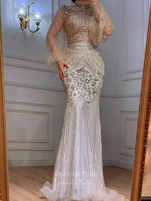 Beaded Long Sleeve Prom Dresses High Neck Evening Dresses 21210 - Silver / US10 Beaded Long Sleeve Prom Dresses High Neck Evening Dresses 21210 - Silver / US10
