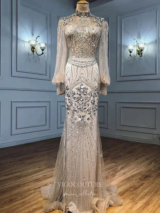 Prom Dress 2025 Beaded Long Sleeve Prom Dresses High Neck Evening Dresses 21210-unique elegant Prom Dresses-Silver-US2-vigocouture