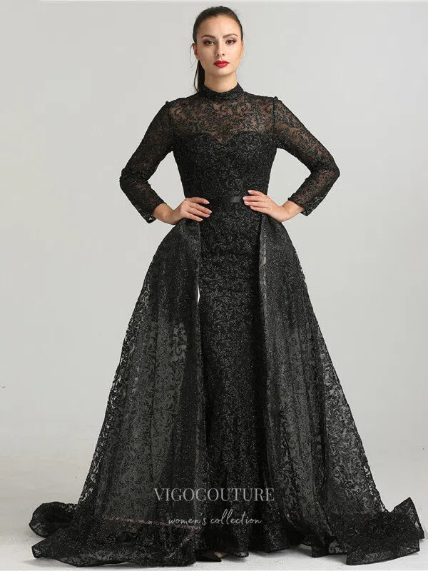 Prom Dress 2025 Beaded Long Sleeve Prom Dresses High Neck Formal Dresses 21231-unique elegant Prom Dresses-Black-US2-vigocouture