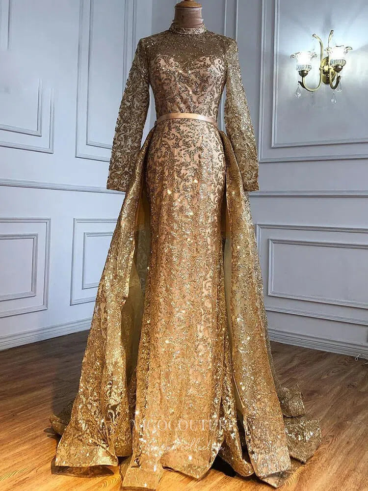 Prom Dress 2025 Beaded Long Sleeve Prom Dresses High Neck Formal Dresses 21231-unique elegant Prom Dresses-Champagne-US2-vigocouture