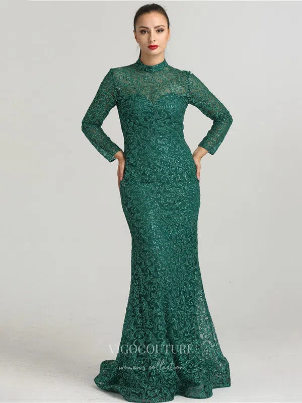 Prom Dress 2025 Beaded Long Sleeve Prom Dresses High Neck Formal Dresses 21231-unique elegant Prom Dresses-Green-US2-vigocouture