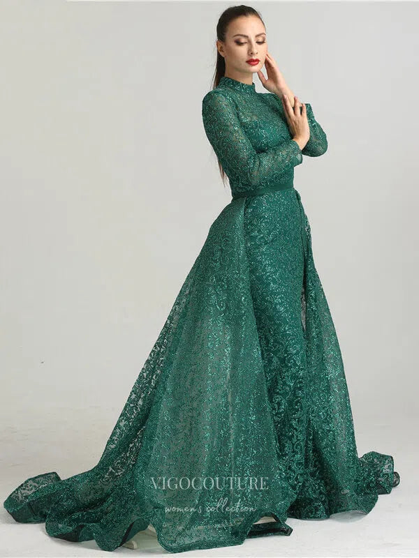 Prom Dress 2025 Beaded Long Sleeve Prom Dresses High Neck Formal Dresses 21231-unique elegant Prom Dresses-Green-US2-vigocouture