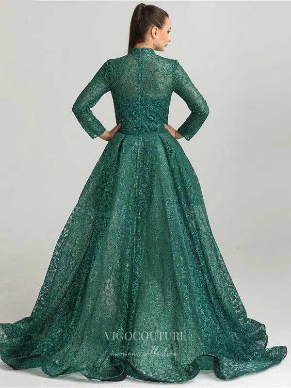 Prom Dress 2025 Beaded Long Sleeve Prom Dresses High Neck Formal Dresses 21231-unique elegant Prom Dresses-Green-US2-vigocouture