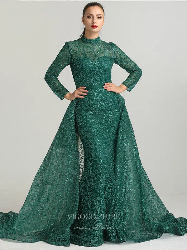 Prom Dress 2025 Beaded Long Sleeve Prom Dresses High Neck Formal Dresses 21231-unique elegant Prom Dresses-Green-US2-vigocouture