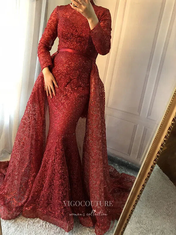 Prom Dress 2025 Beaded Long Sleeve Prom Dresses High Neck Formal Dresses 21231-unique elegant Prom Dresses-Red-US2-vigocouture