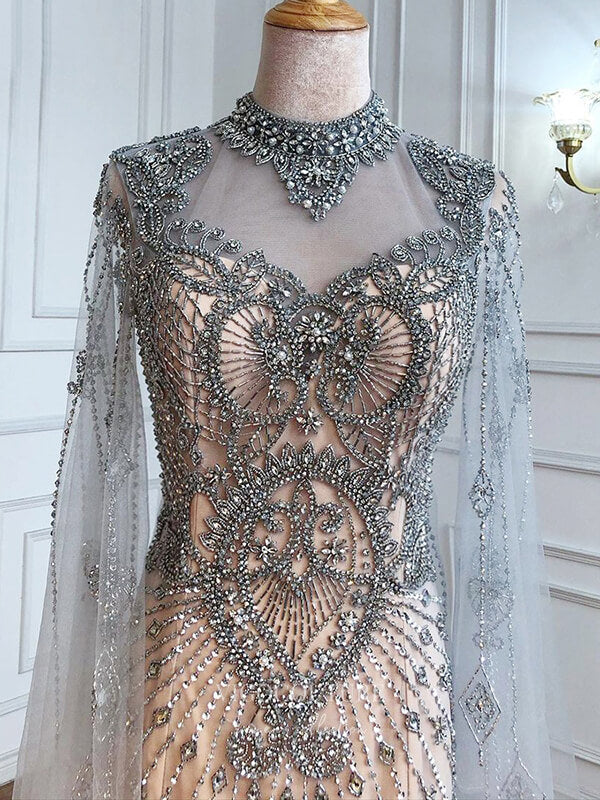 Prom Dress 2025 Beaded Long Sleeve Prom Dresses High Neck Formal Dresses 21258-unique elegant Prom Dresses-Champagne-US2-vigocouture