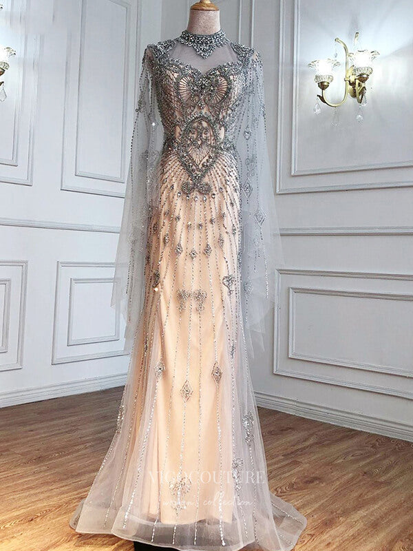 Prom Dress 2025 Beaded Long Sleeve Prom Dresses High Neck Formal Dresses 21258-unique elegant Prom Dresses-Silver-US2-vigocouture