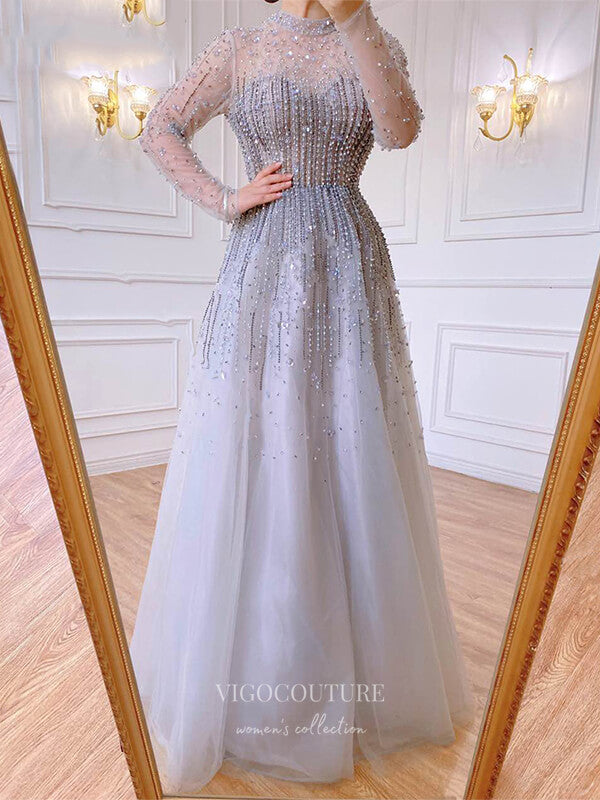 Prom Dress 2025 Beaded Long Sleeve Prom Dresses High Neck Formal Dresses 21261-unique elegant Prom Dresses-Silver-US2-vigocouture