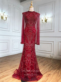 Prom Dress 2025 Beaded Long Sleeve Prom Dresses High Neck Formal Dresses 21289-unique elegant Prom Dresses-Burgundy-US2-vigocouture