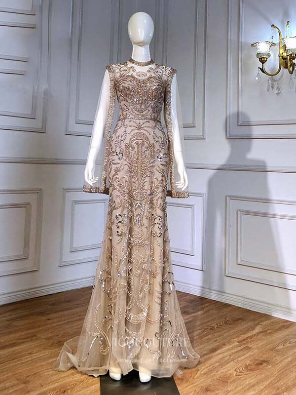 Prom Dress 2025 Beaded Long Sleeve Prom Dresses High Neck Formal Dresses 21289-unique elegant Prom Dresses-Gold-US2-vigocouture