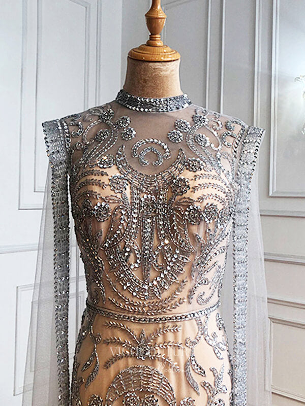 Prom Dress 2025 Beaded Long Sleeve Prom Dresses High Neck Formal Dresses 21289-unique elegant Prom Dresses-Silver-US2-vigocouture