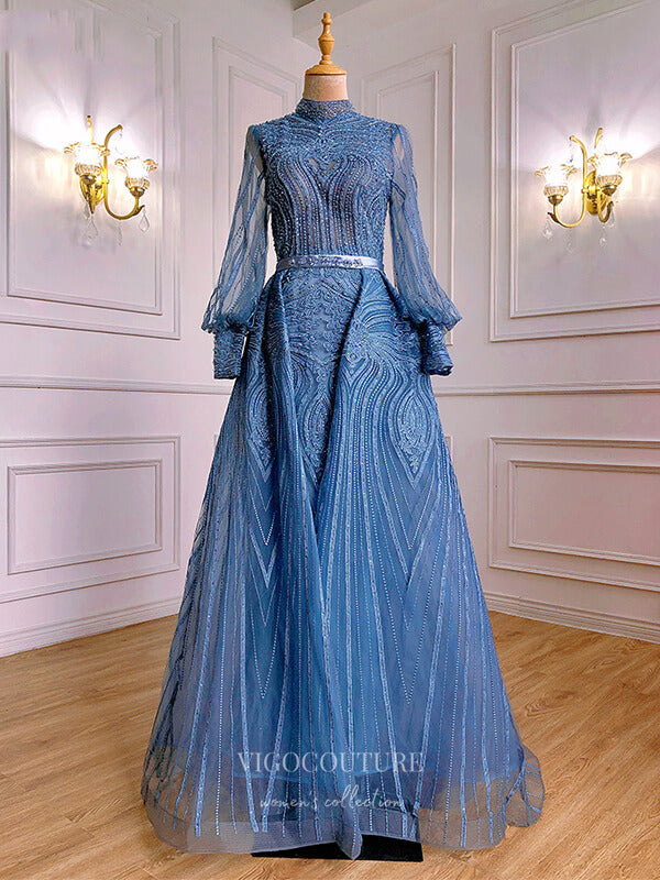 Prom Dress 2025 Beaded Long Sleeve Prom Dresses Lace Applique Evening Dresses 21214-unique elegant Prom Dresses-Blue-US2-vigocouture