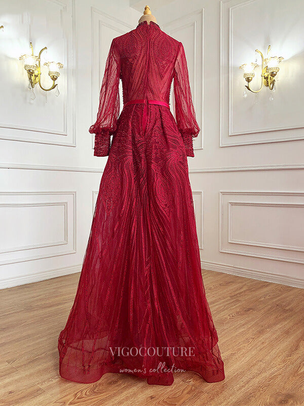 Prom Dress 2025 Beaded Long Sleeve Prom Dresses Lace Applique Evening Dresses 21214-unique elegant Prom Dresses-Burgundy-US2-vigocouture