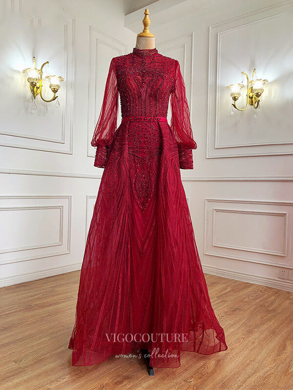 Prom Dress 2025 Beaded Long Sleeve Prom Dresses Lace Applique Evening Dresses 21214-unique elegant Prom Dresses-Burgundy-US2-vigocouture