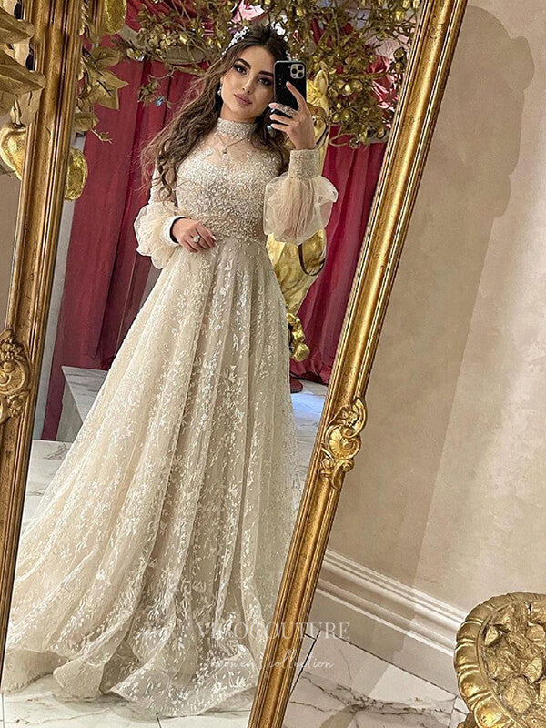 Prom Dress 2025 Beaded Long Sleeve Prom Dresses Lace Applique Formal Dresses 21240-unique elegant Prom Dresses-Champagne-US2-vigocouture