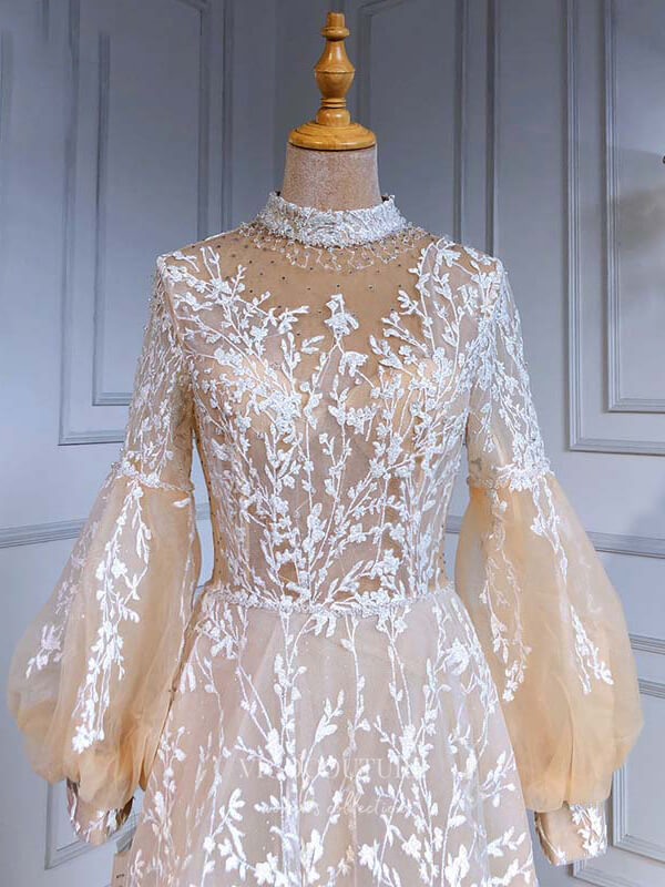 Prom Dress 2025 Beaded Long Sleeve Prom Dresses Lace Applique Formal Dresses 21240-unique elegant Prom Dresses-Champagne-US2-vigocouture