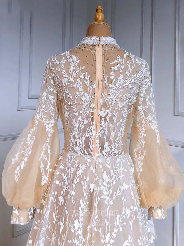 Prom Dress 2025 Beaded Long Sleeve Prom Dresses Lace Applique Formal Dresses 21240-unique elegant Prom Dresses-Champagne-US2-vigocouture