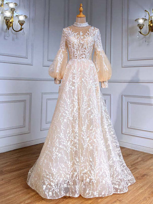 Prom Dress 2025 Beaded Long Sleeve Prom Dresses Lace Applique Formal Dresses 21240-unique elegant Prom Dresses-Champagne-US2-vigocouture