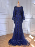 Prom Dress 2025 Beaded Long Sleeve Prom Dresses Mermaid Evening Dresses 21203-unique elegant Prom Dresses-Blue-US2-vigocouture