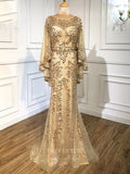 Prom Dress 2025 Beaded Long Sleeve Prom Dresses Mermaid Evening Dresses 21203-unique elegant Prom Dresses-Champagne-US2-vigocouture