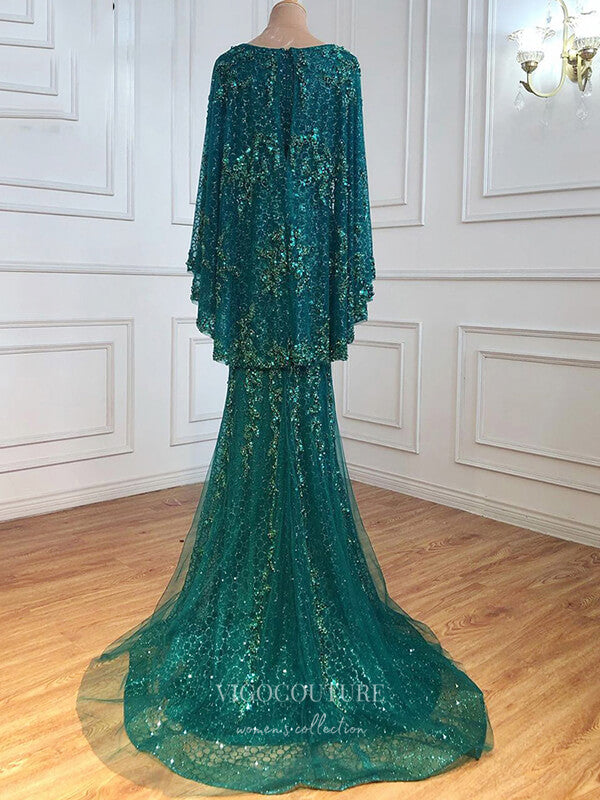 Prom Dress 2025 Beaded Long Sleeve Prom Dresses Mermaid Evening Dresses 21203-unique elegant Prom Dresses-Green-US2-vigocouture