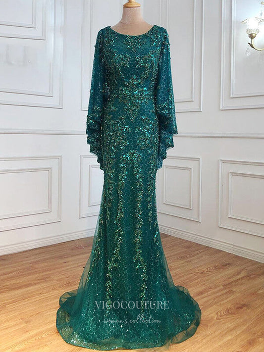 Prom Dress 2025 Beaded Long Sleeve Prom Dresses Mermaid Evening Dresses 21203-unique elegant Prom Dresses-Green-US2-vigocouture