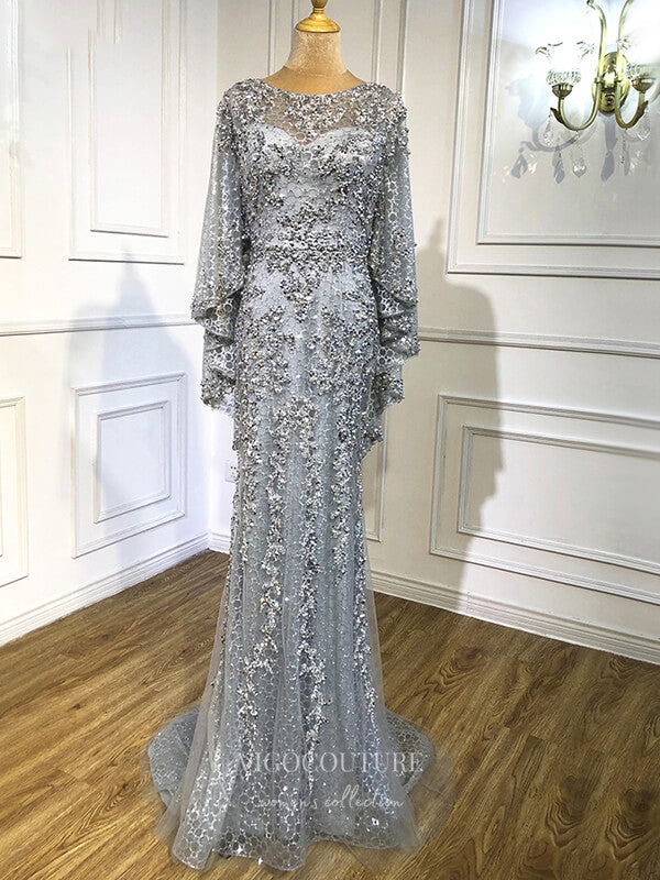 Prom Dress 2025 Beaded Long Sleeve Prom Dresses Mermaid Evening Dresses 21203-unique elegant Prom Dresses-Grey-US2-vigocouture