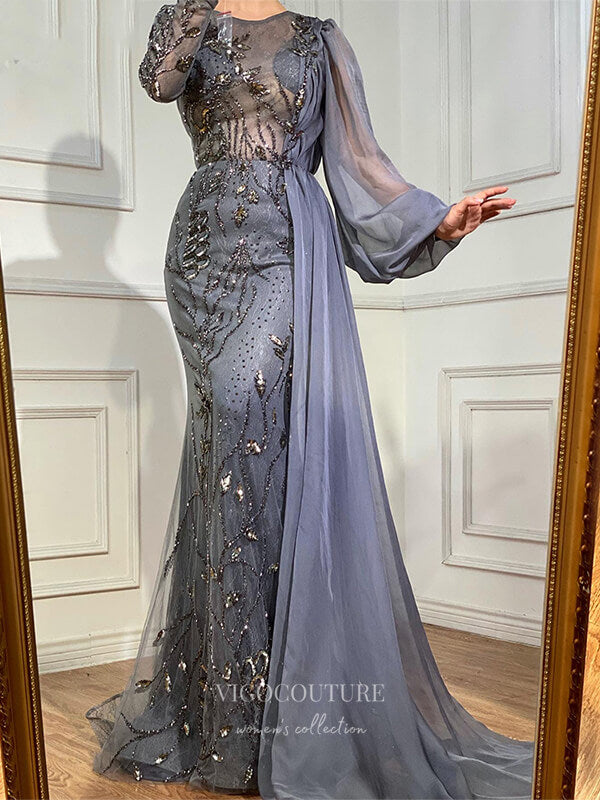 Prom Dress 2025 Beaded Long Sleeve Prom Dresses Mermaid Formal Dresses 21264-unique elegant Prom Dresses-As Pictured-US2-vigocouture