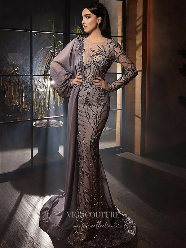 Prom Dress 2025 Beaded Long Sleeve Prom Dresses Mermaid Formal Dresses 21264-unique elegant Prom Dresses-As Pictured-US2-vigocouture