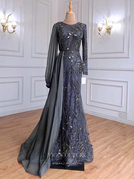 Prom Dress 2025 Beaded Long Sleeve Prom Dresses Mermaid Formal Dresses 21264-unique elegant Prom Dresses-As Pictured-US2-vigocouture