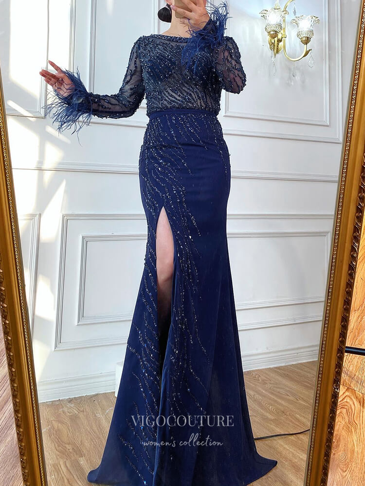 Prom Dress 2025 Beaded Long Sleeve Prom Dresses Mermaid Formal Dresses 21292-unique elegant Prom Dresses-Blue-US2-vigocouture