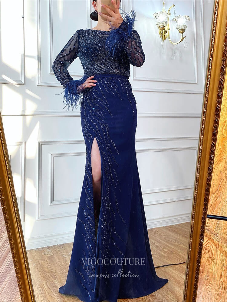 Prom Dress 2025 Beaded Long Sleeve Prom Dresses Mermaid Formal Dresses 21292-unique elegant Prom Dresses-Blue-US2-vigocouture