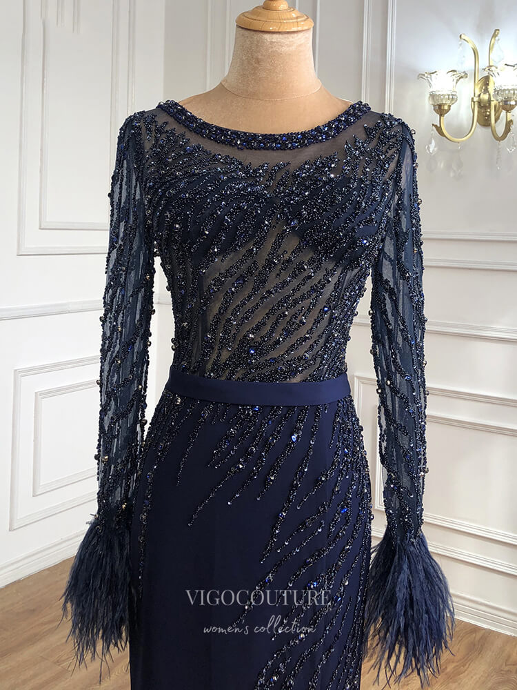 Prom Dress 2025 Beaded Long Sleeve Prom Dresses Mermaid Formal Dresses 21292-unique elegant Prom Dresses-Blue-US2-vigocouture