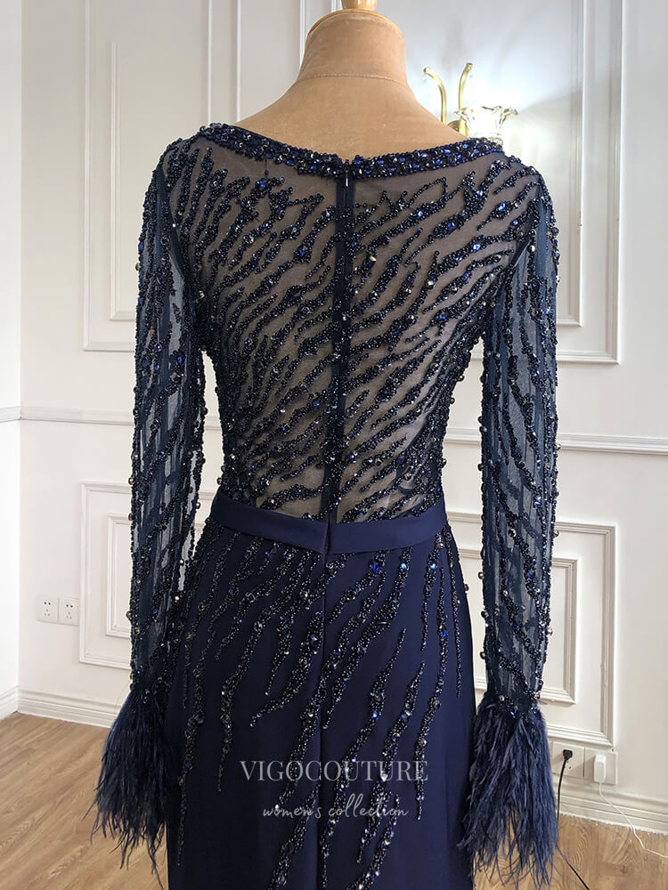 Prom Dress 2025 Beaded Long Sleeve Prom Dresses Mermaid Formal Dresses 21292-unique elegant Prom Dresses-Blue-US2-vigocouture