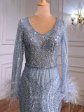 Prom Dress 2025 Beaded Long Sleeve Prom Dresses Mermaid Formal Dresses 21302-unique elegant Prom Dresses-Blue-US2-vigocouture