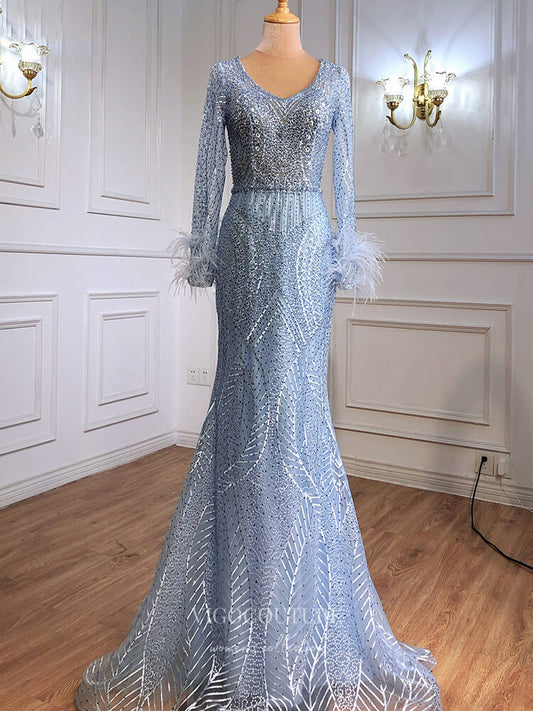 Prom Dress 2025 Beaded Long Sleeve Prom Dresses Mermaid Formal Dresses 21302-unique elegant Prom Dresses-Blue-US2-vigocouture