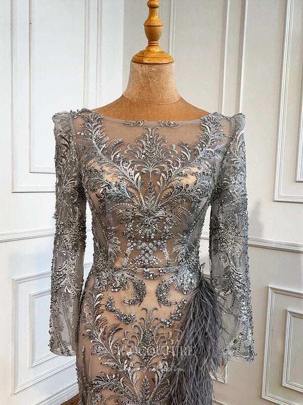 Prom Dress 2025 Beaded Long Sleeve Prom Dresses Mermaid Lace Applique Formal Dresses 21313-unique elegant Prom Dresses-Silver-US2-vigocouture