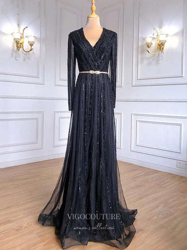 Prom Dress 2025 Beaded Long Sleeve Prom Dresses V-Neck Evening Dresses 21200-unique elegant Prom Dresses-Black-US2-vigocouture