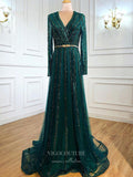 Prom Dress 2025 Beaded Long Sleeve Prom Dresses V-Neck Evening Dresses 21200-unique elegant Prom Dresses-Green-US2-vigocouture