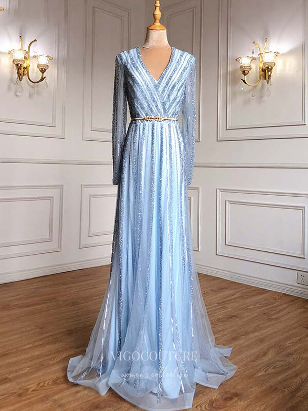 Prom Dress 2025 Beaded Long Sleeve Prom Dresses V-Neck Evening Dresses 21200-unique elegant Prom Dresses-Light Blue-US2-vigocouture